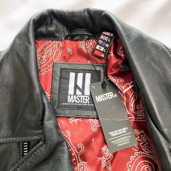 MASTER SUPPLY MEN'S BLACK HANDMADE LEATHER RED STITCHING ZIP UP MOTO JACKET - M - Picture 8 of 13